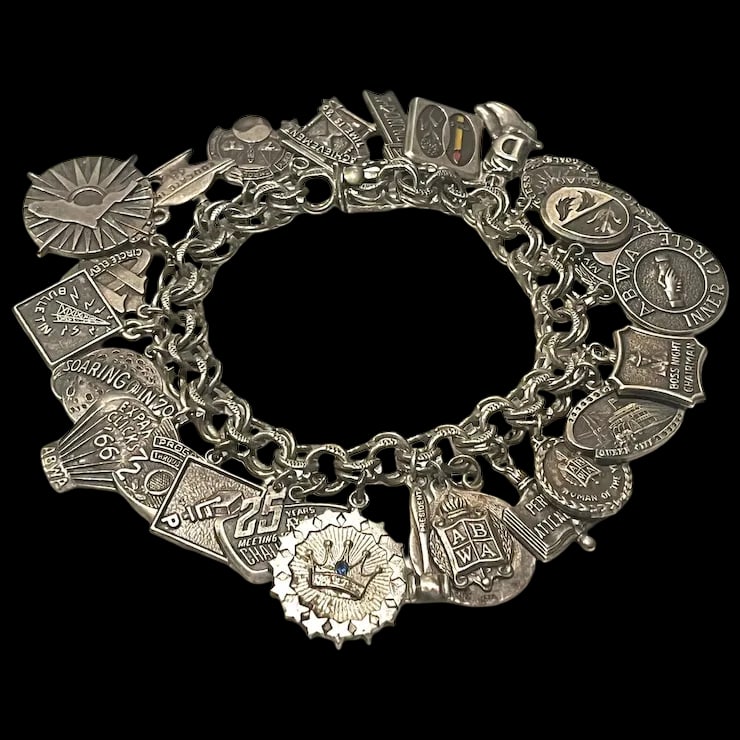 Vintage ABWA American Business Woman Association Loaded Sterling Silver Charm Bracelet: Title: Vintage ABWA American Business Woman Association Loaded Sterling Silver Charm Bracelet Description: Vintage ABWA American Business Woman Association Loaded Sterling Silver Charm BraceletHallmar