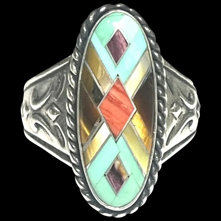 Vintage Carolyn Pollack Relios Sterling Silver Turquoise Tigers Eye and Coral Inlay Ring (1 of 5)