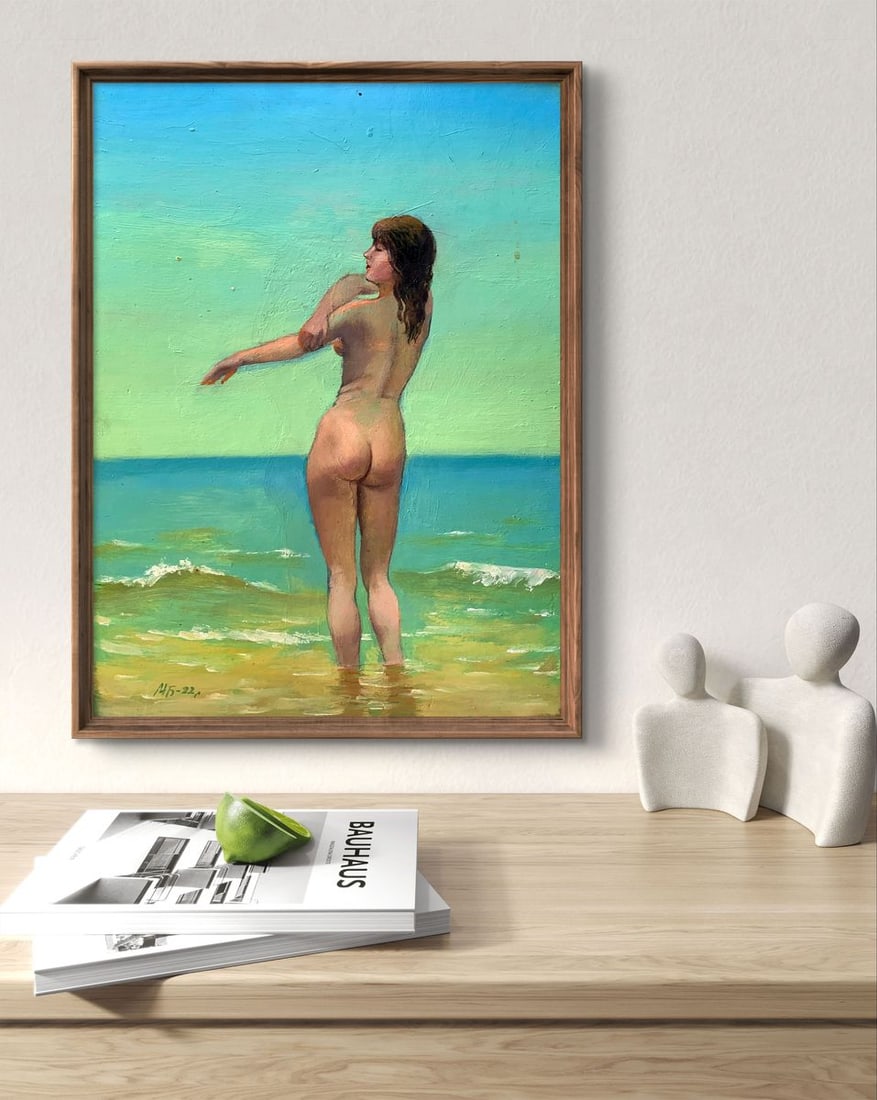 Oil painting Girl on the beach Mykhailo Burdylo: Title: Oil painting Girl on the beach Mykhailo Burdylo Description: AAA3417The oil painting titled "Girl on the Beach" presents a serene and intimate scene of a young woman standing in shallow water b