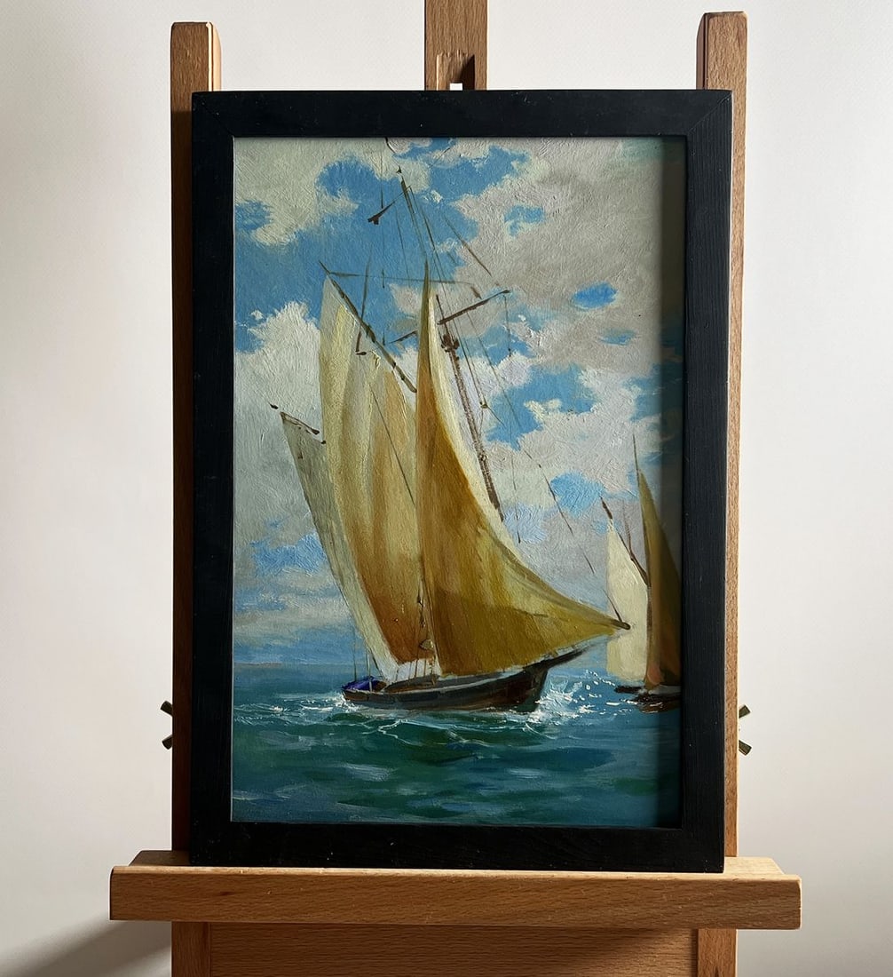 Oil painting Sailboats at sea Yuriy Suprunchuk: Title: Oil painting Sailboats at sea Yuriy Suprunchuk Description: AAA4195The painting titled "Sailboats at sea" captures the energy and elegance of sailing vessels gliding through the open waters und