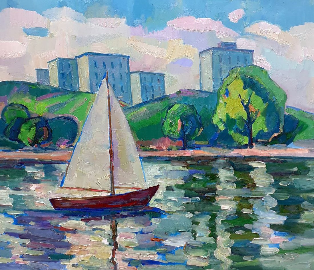 Oil painting Sails at sea Peter Tovpev: Title: Oil painting Sails at sea Peter Tovpev Description: Dobr 866"Sails at Sea" is a vibrant and serene oil painting that captures the tranquil beauty of a sailboat gliding across the water, set aga