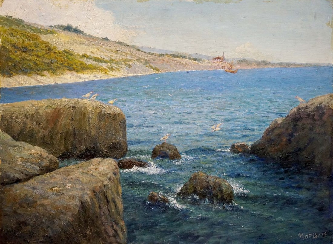 Oil painting Shore landscape Martynov Anatoly Vladimirovich: Title: Oil painting Shore landscape Martynov Anatoly Vladimirovich Description: Verns 472 *** ABOUT THIS PAINTING *** * TITLE: "Shore landscape" * ARTISTS: Martynov Anatoly Vladimirovich * SIZE: 49x55