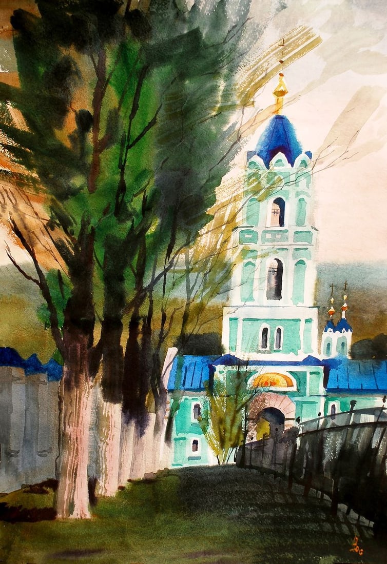 Watercolor painting Landscape with a church Egor Ktpatunov (1 of 5)