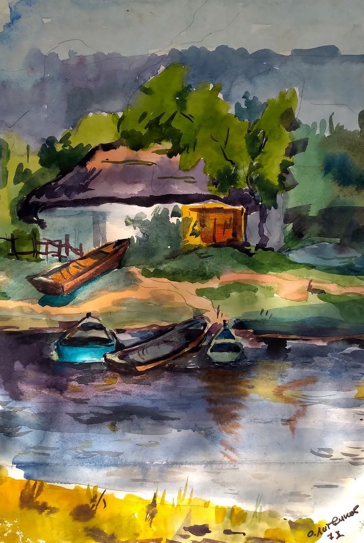 Watercolor painting House with boats Litvinov Oleg Arkad'yevich (1 of 6)