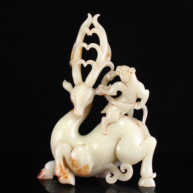 Vintage Chinese Hetian Jade Deer & Divine Beast Statue (1 of 6)