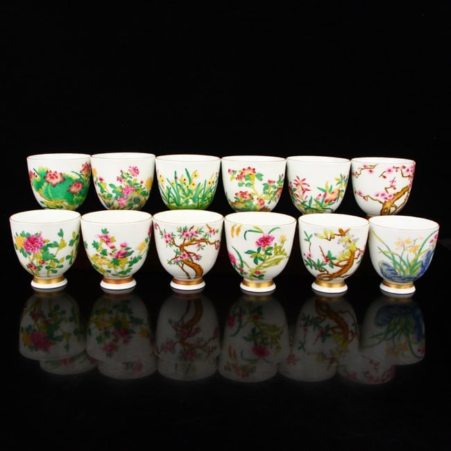 A Set Twelve Chinese Famille Rose Flowers Design Porcelain Cups (1 of 12)