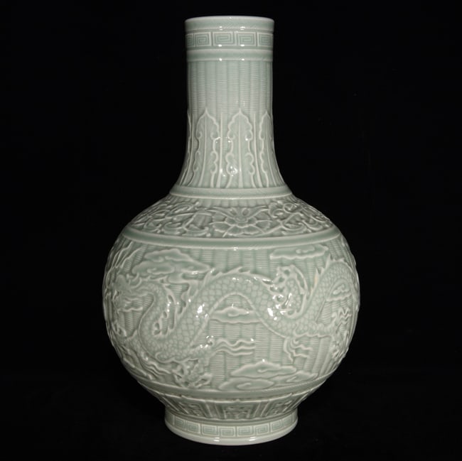 Chinese Green Glaze Low Relief Fortune Dragon Porcelain Vase (1 of 9)