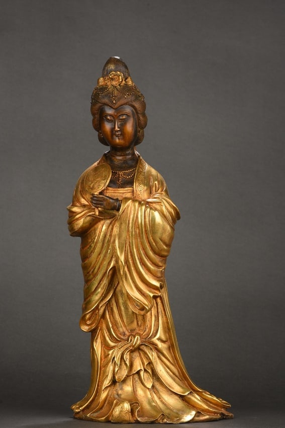 Vintage Chinese Gilt Gold Copper Beautiful Woman Statue (1 of 9)