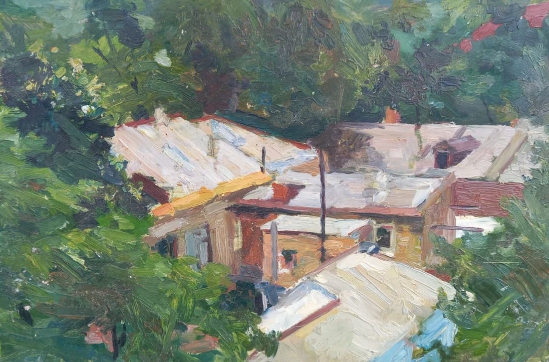Oil painting From the window Alex Ditriev: Title: Oil painting From the window Alex Ditriev Description: 509AD Painter: Alex Ditriev Size:25x37,5 cm/ 9.84x14.76 inches Components: oil, cardboard Original painting from our collection ERA: Short