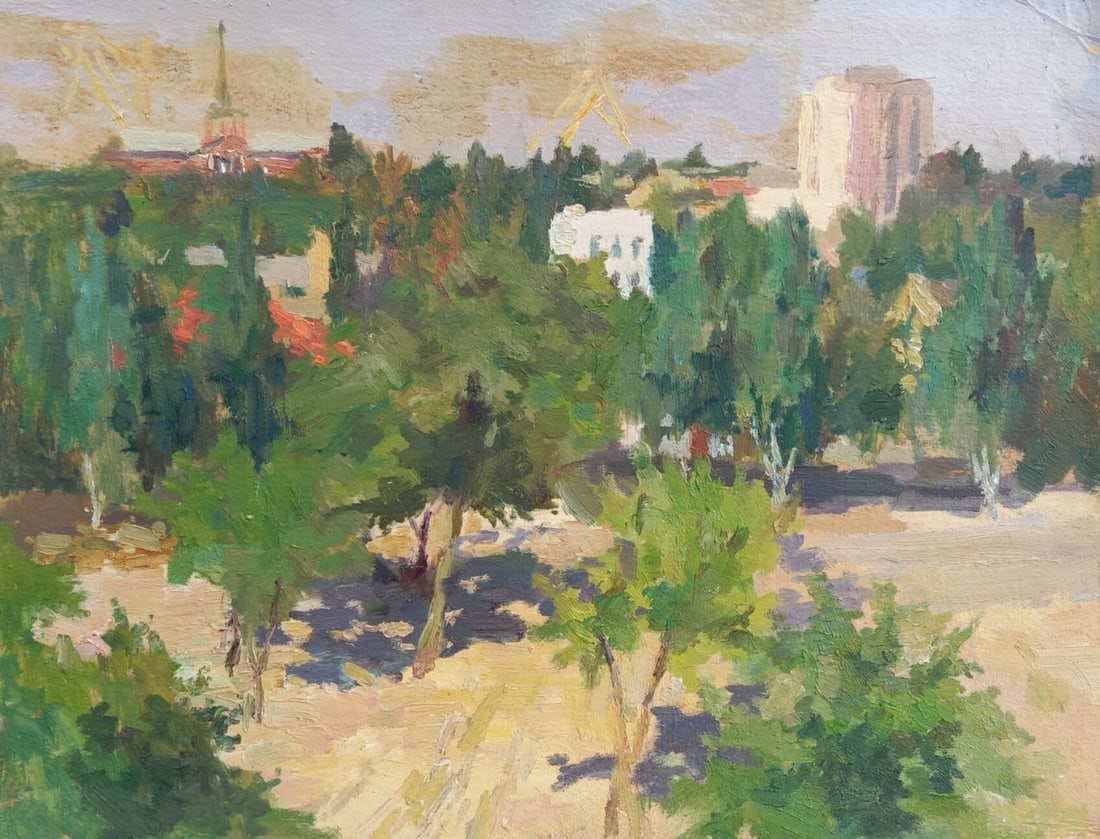Oil painting View of Nikolaev from the window Alex Ditriev: Title: Oil painting View of Nikolaev from the window Alex Ditriev Description: 516AD Painter: Alex Ditriev Size:30x39,5 cm/ 11.81x15.55 inches Components: oil, cardboard Original painting from our col