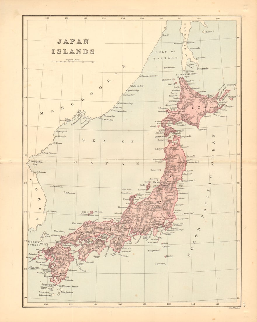 Japan Islands'. Yedo (Tokyo) Nippon Yezo. BARTHOLOMEW 1876 old antique map: Title: Japan Islands'. Yedo (Tokyo) Nippon Yezo. BARTHOLOMEW 1876 old antique map Description: Japan Islands'. J. Bartholomew, Edinburgh. Published 1876. Antique colour map. Size 31 x 23 cm | 12.0 x 9