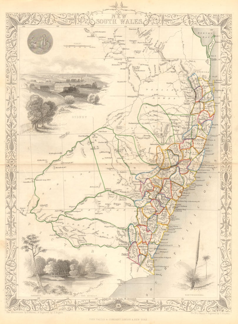 NEW SOUTH WALES. Sydney vignette. Explorers routes.TALLIS/RAPKIN 1849 old map (1 of 1)