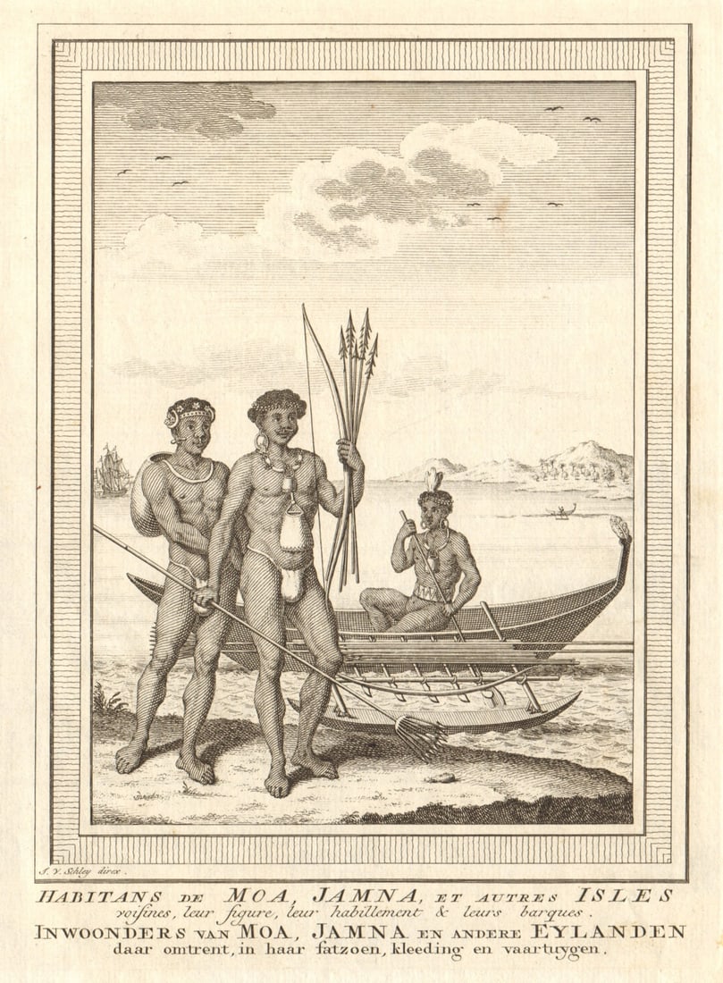 Habitans de Moa, Jamna'. New Guinea. Pirogue boat. West Papua. SCHLEY 1758: Title: Habitans de Moa, Jamna'. New Guinea. Pirogue boat. West Papua. SCHLEY 1758 Description: Habitans de Moa, Jamna, & autres Isles voisines, leur figure, leur habillement & leurs barques [I