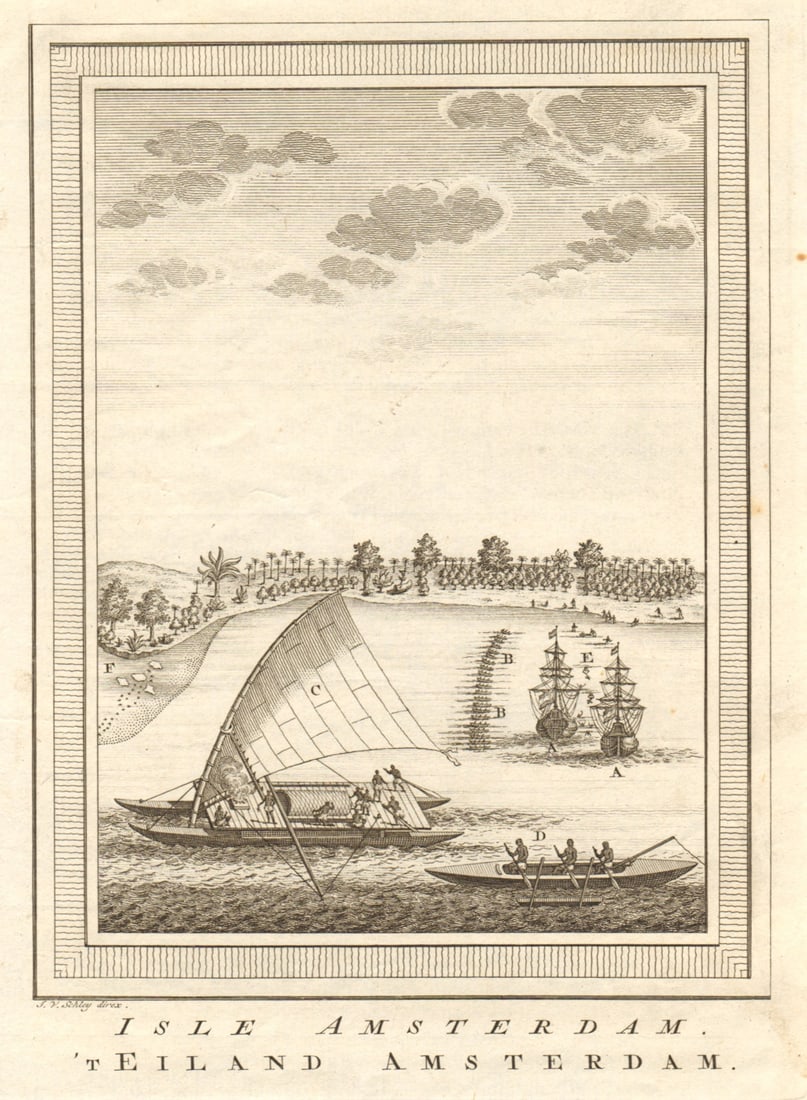 Isle Amsterdam'. Abel Tasman at Tongatapu, Tonga 1643. Pirogues. SCHLEY 1758 (1 of 1)