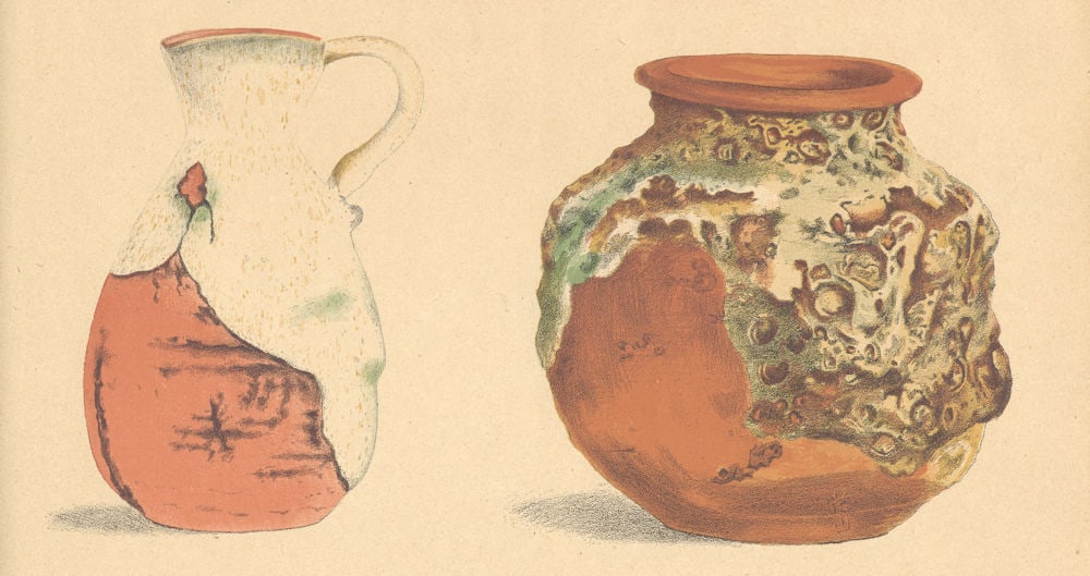 JAPAN. Two Pieces of Pottery 1890 old antique vintage print picture: Title: JAPAN. Two Pieces of Pottery 1890 old antique vintage print picture Description: Two Pieces of Pottery' (Contents of number 29) by Anonymous. Published 1890. Antique colour woodblock print. Siz