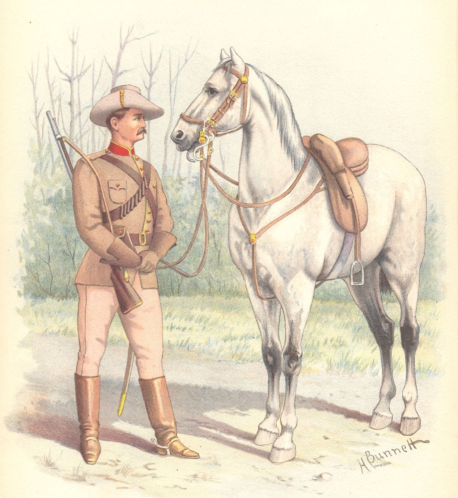 AUSTRALIAN MILITIA UNIFORMS (AUSTRALIA) . The Victorian Mounted Rifles 1890: Title: AUSTRALIAN MILITIA UNIFORMS (AUSTRALIA) . The Victorian Mounted Rifles 1890 Description: The Victorian Mounted Rifles' by Bunnett, H.. Published 1890. Antique chromolithograph (colour lithograp