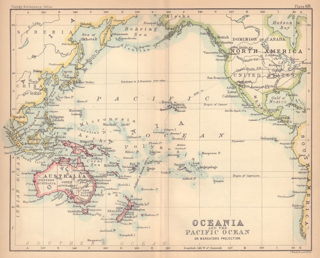 Oceania & the Pacific Ocean. BARTHOLOMEW 1888 old antique map plan chart (1 of 1)