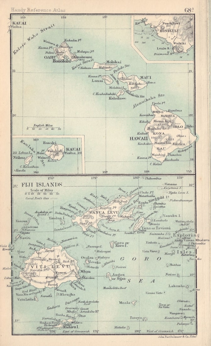 Hawaii & the Fiji Islands. Kauai. Honolulu. BARTHOLOMEW 1898 old antique map (1 of 1)