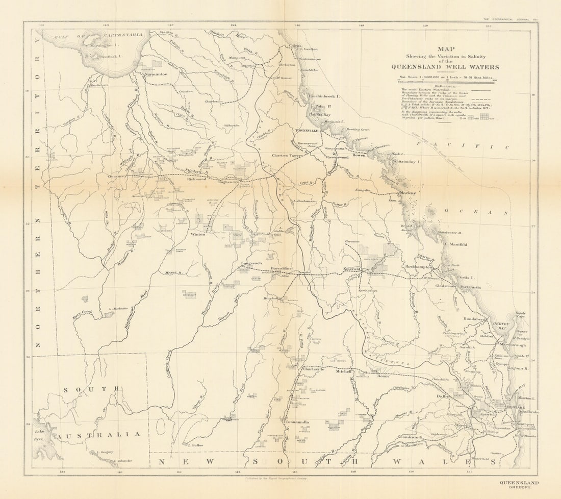 Variation in salinity of the Queensland well waters. Australia. RGS 1911 map (1 of 1)