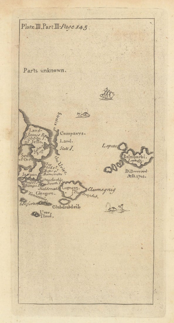 Laputa, Balnibarbi, Luggnagg, Glubbdubdrib & Japan. Gulliver's Travels 1751 map (1 of 1)