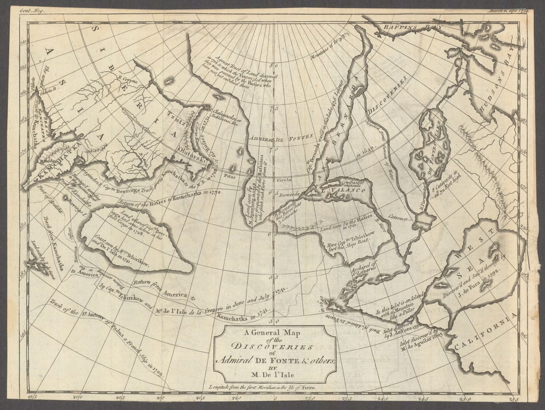 General map of the Discoveries of the Admiral de Fonte. After de l'Isle 1754 (1 of 1)