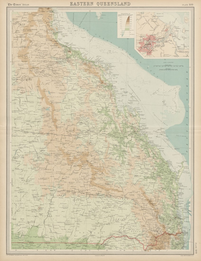Eastern Queensland & Great Barrier Reef. Relief railways Brisbane TIMES 1922 map (1 of 1)