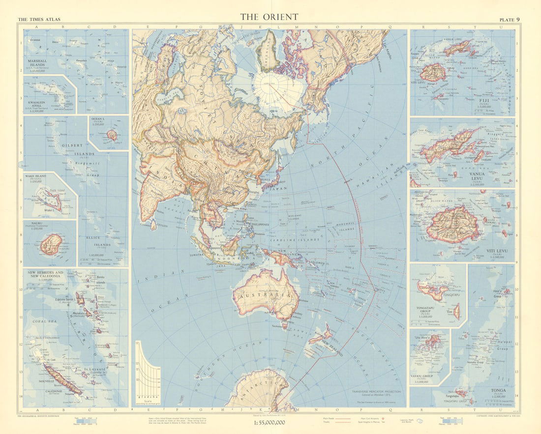 Orient. Western Pacific Islands. Fiji Tonga Melanesia Micronesia. TIMES 1958 map: Title: Orient. Western Pacific Islands. Fiji Tonga Melanesia Micronesia. TIMES 1958 map Description: The Orient // Marshall Islands // Kwajalein Atoll // Ocean Island // Gilbert Islands & Ellice I