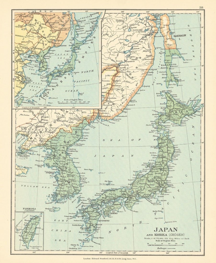 Japan & Korea (Chosen) inc. Southern Sakhalin. Tawain Formosa STANFORD c1925 map (1 of 1)