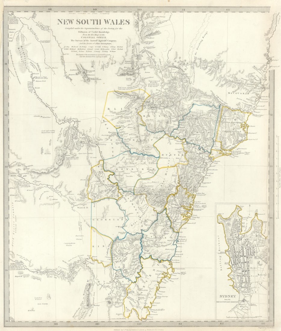 NEW SOUTH WALES. based on Cunningham routes. Inset Sydney plan. SDUK 1844 map (1 of 1)