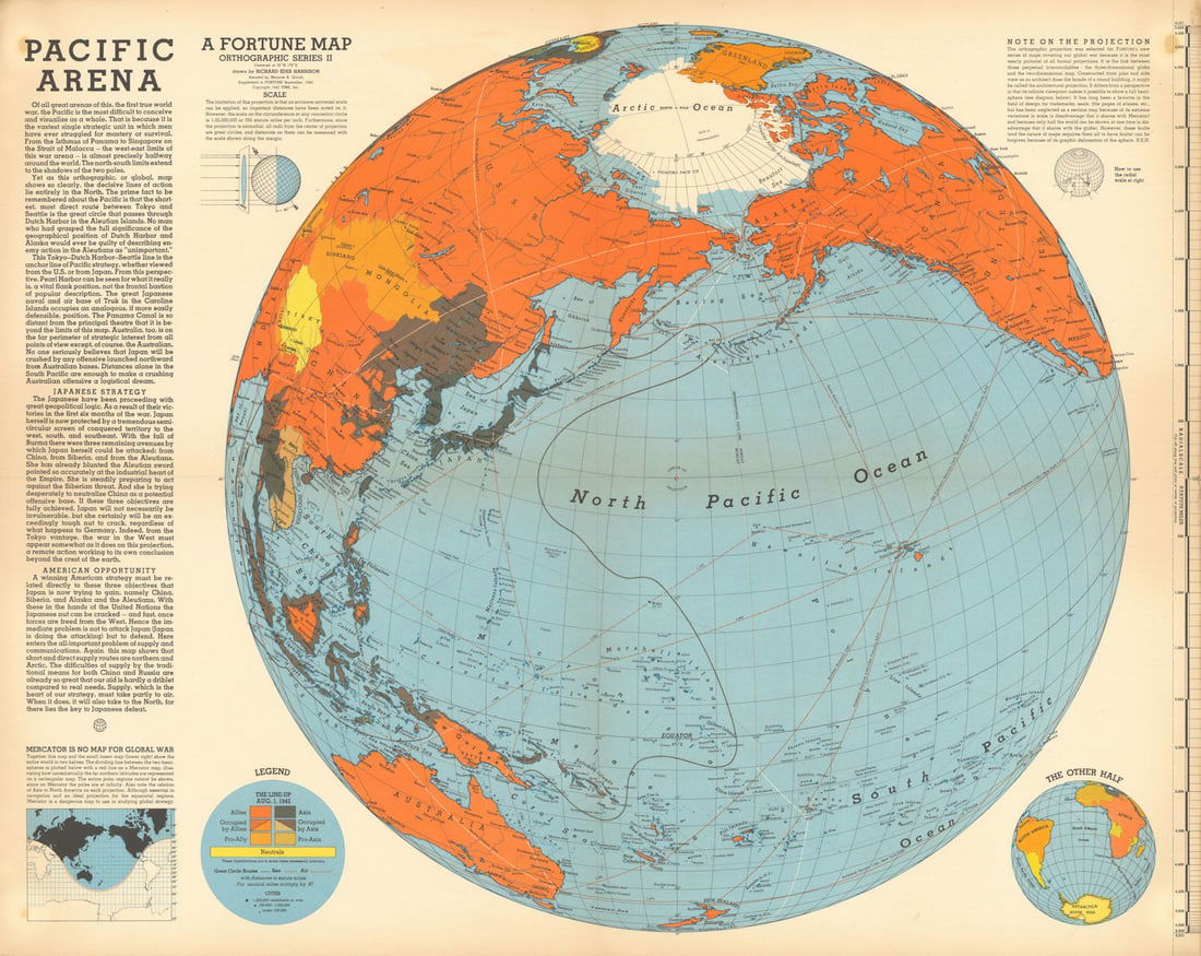 World War 2 Pacific Arena persuasive map. Richard Edes Harrison for Fortune 1942: Title: World War 2 Pacific Arena persuasive map. Richard Edes Harrison for Fortune 1942 Description: A Fortune Map. "Pacific Arena"'. Describing the Pacific as the most difficult of the Second World W