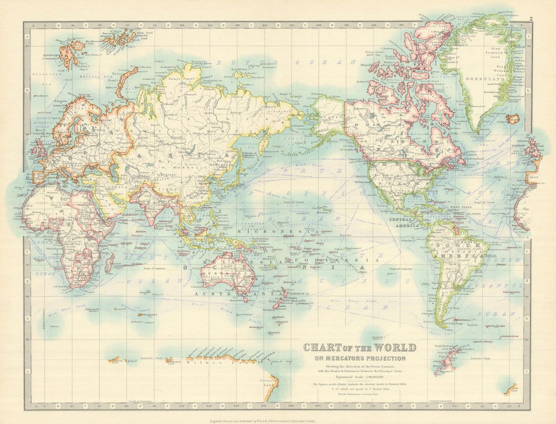 WORLD ON MERCATOR'S PROJECTION unusually Pacific-centred. JOHNSTON 1913 map: Title: WORLD ON MERCATOR'S PROJECTION unusually Pacific-centred. JOHNSTON 1913 map Description: Chart of the World on Mercator's Projection'. W. & A.K. Johnston, Limited, Edinburgh & London. Published