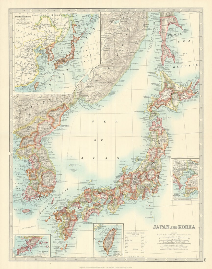 JAPAN & KOREA including southern Sakhalin Island. Taiwan. JOHNSTON 1913 map (1 of 1)
