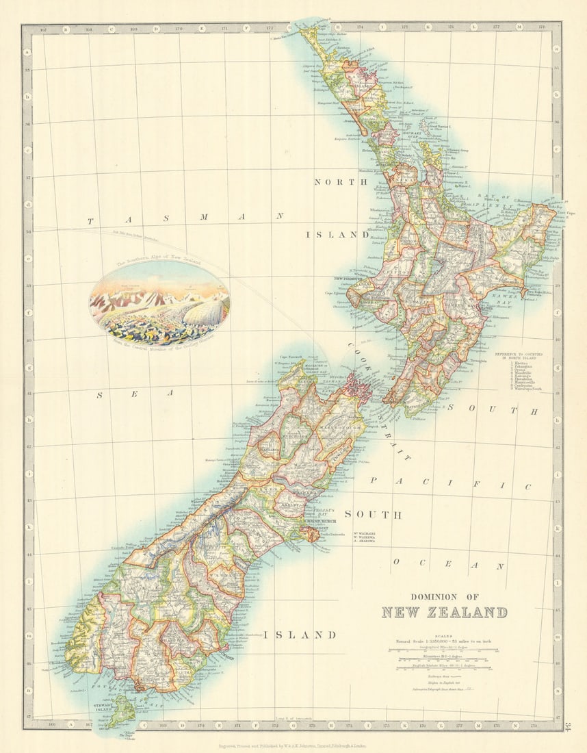 DOMINION OF NEW ZEALAND in counties. Godley Glacier vignette. JOHNSTON 1913 map (1 of 1)