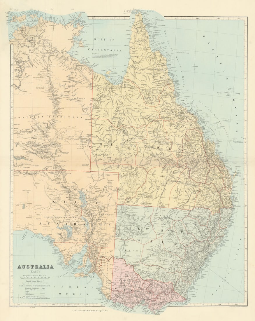 Eastern Australia. New South Wales Victoria Queensland. STANFORD 1904 old map (1 of 1)