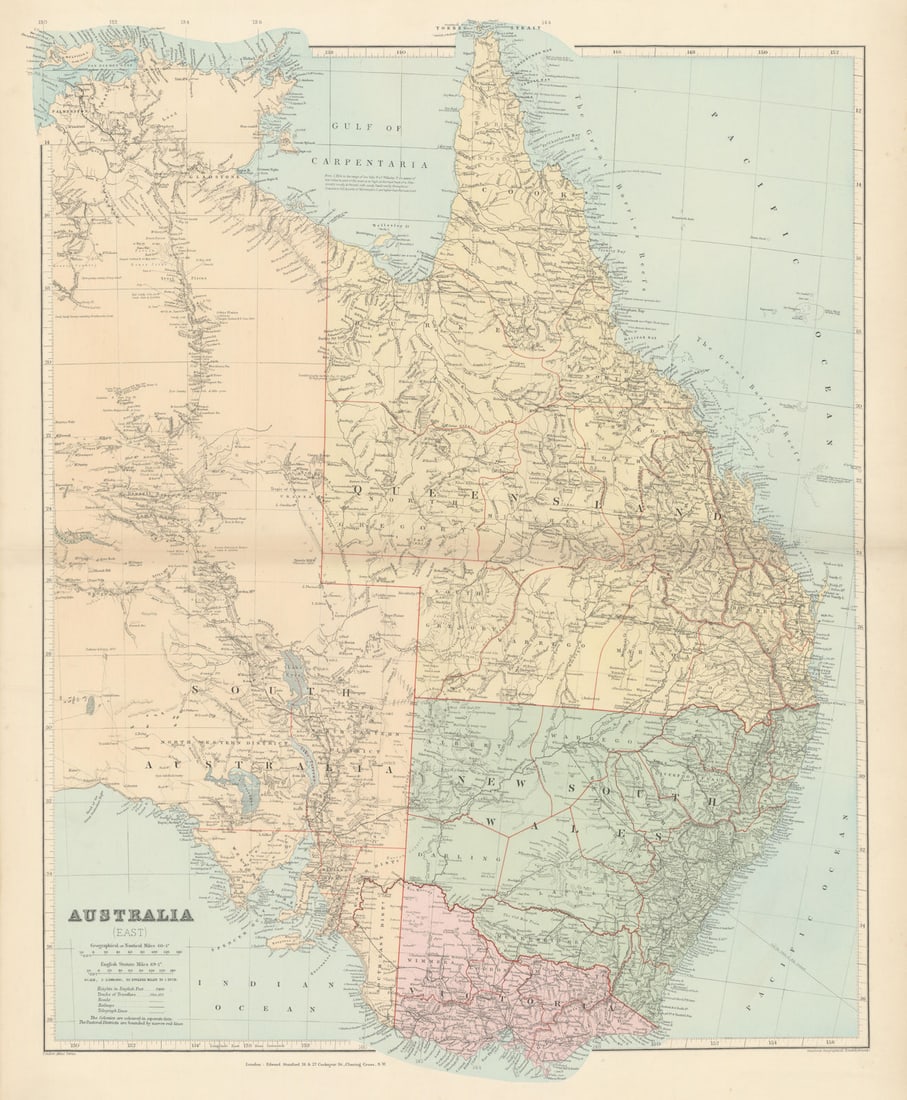Eastern Australia. New South Wales Victoria Queensland. STANFORD 1896 old map (1 of 1)
