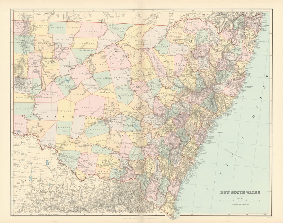 New South Wales showing counties & railways. 53x65cm. STANFORD 1896 old map (1 of 1)