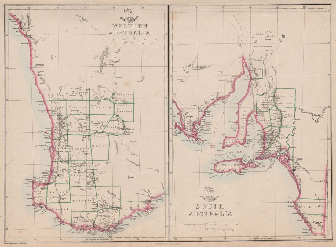 WESTERN & SOUTH AUSTRALIA. Land Divisions. Perth Adelaide. WELLER 1862 old map (1 of 1)