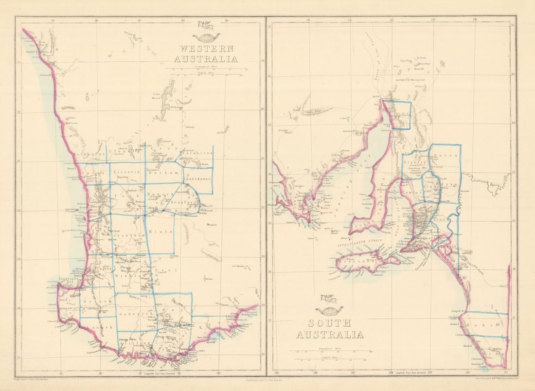 WESTERN & SOUTH AUSTRALIA. Land Divisions. Perth Adelaide. WELLER 1863 old map (1 of 1)