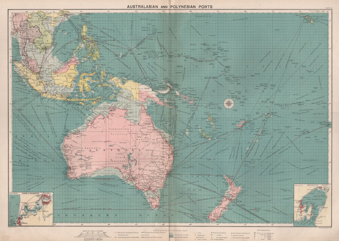 Australasian Polynesian Ports sea chart. lighthouses mail routes LARGE 1918 map (1 of 1)