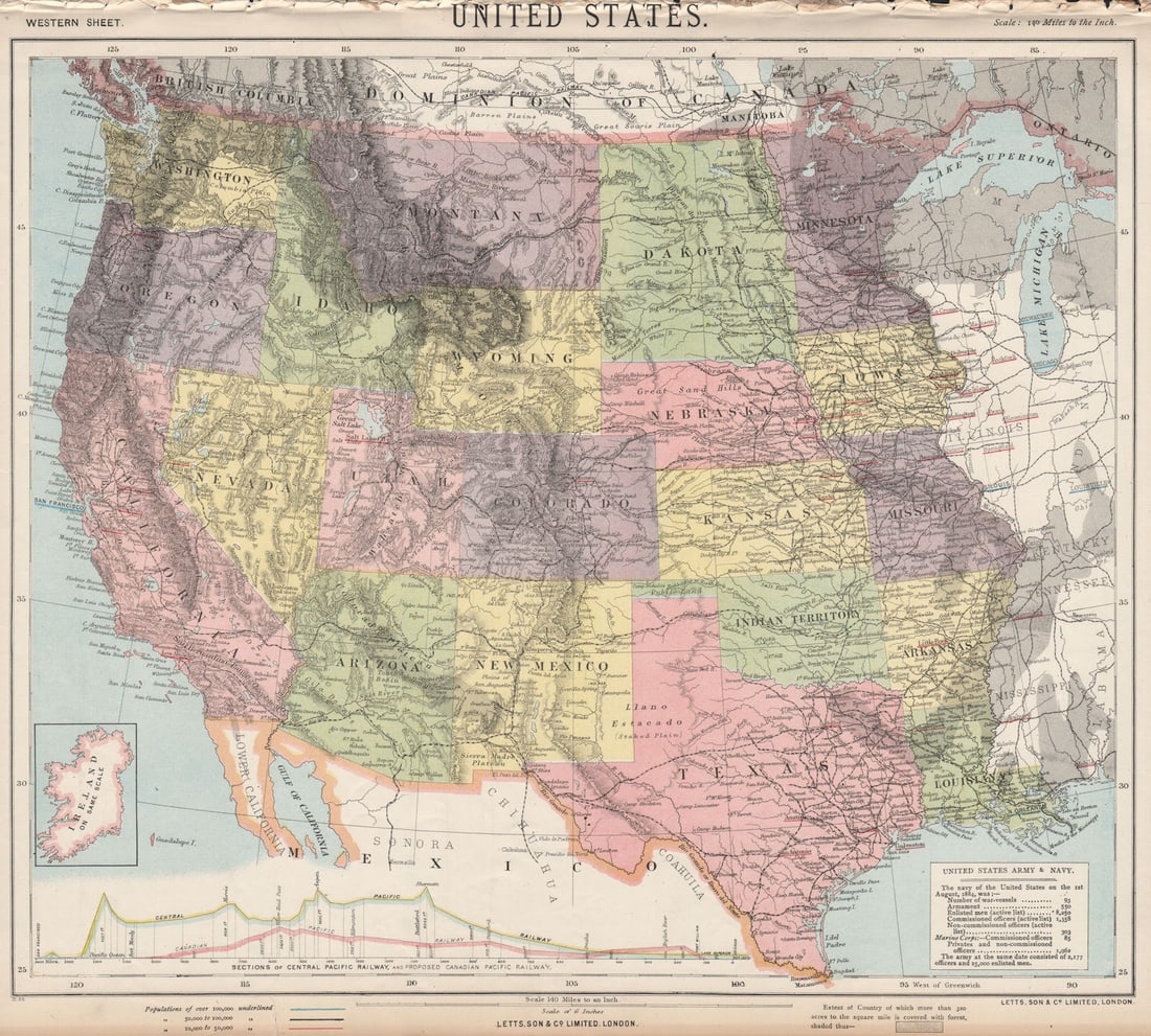 WESTERN USA. Central & Canadian Pacific Railroad section. LETTS 1889 old map (1 of 1)