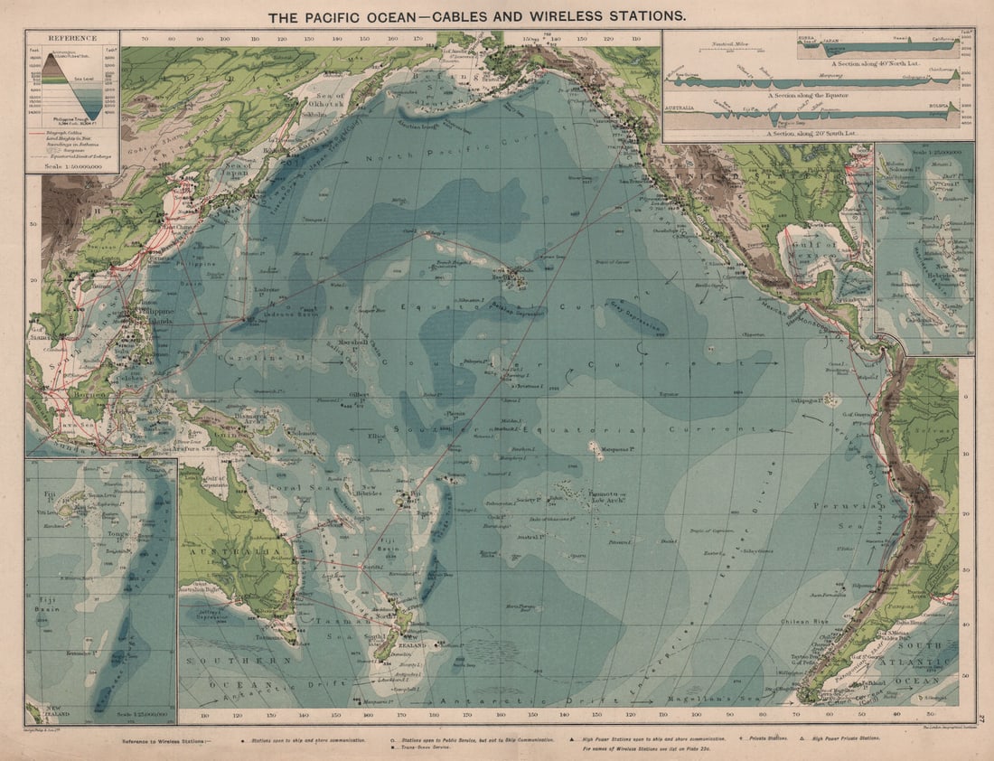 Pacific Ocean. Cables & Wireless Stations. Sections 1918 old antique map chart (1 of 1)