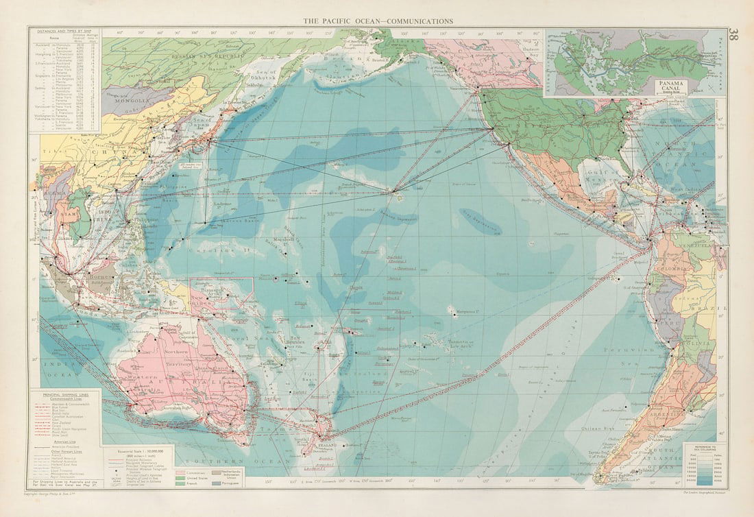Pacific Ocean. Cables & Wireless Stations. Shipping lines companies 1952 map (1 of 1)