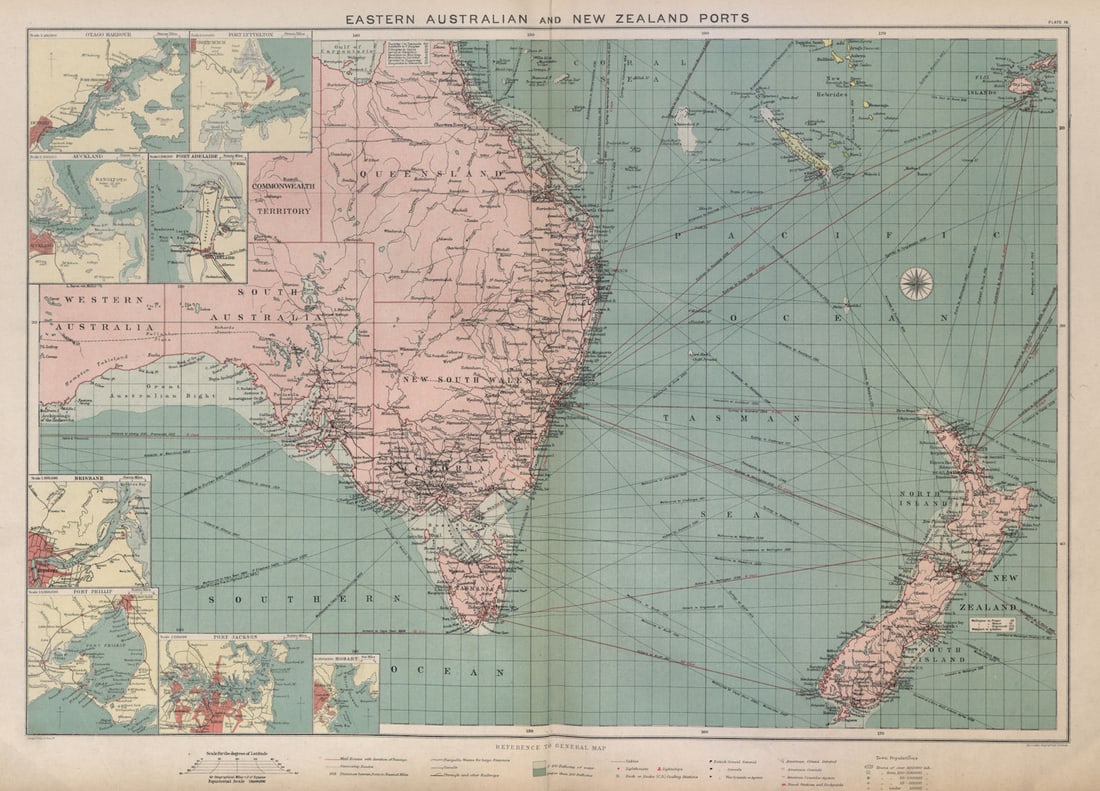 Eastern Australia/New Zealand ports chart lighthouses mail route LARGE 1916 map (1 of 1)