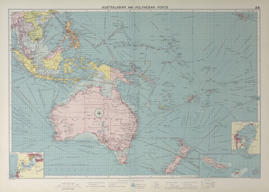 Australasian Polynesian Ports sea chart. lighthouses mail routes LARGE 1927 map (1 of 1)