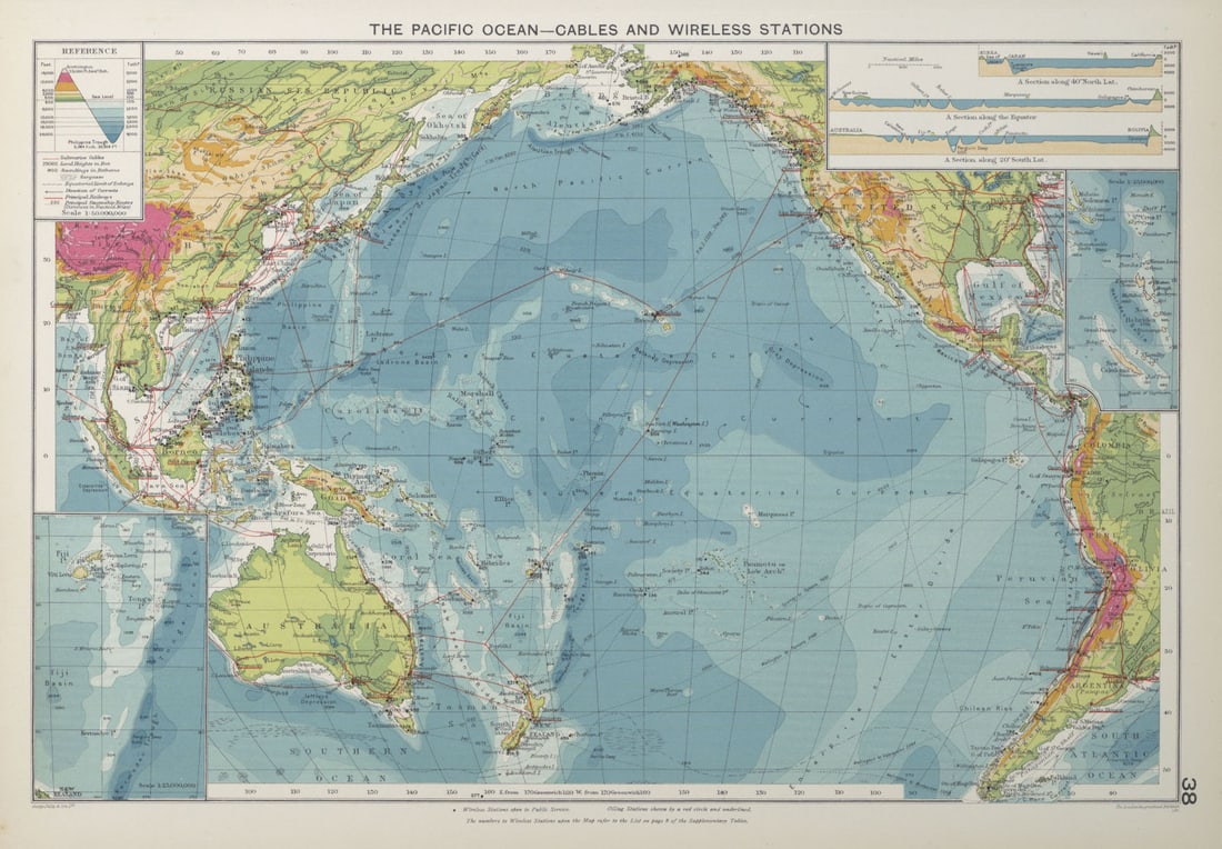 Pacific Ocean. Cables & Wireless Stations. Shipping routes 1927 old map (1 of 1)