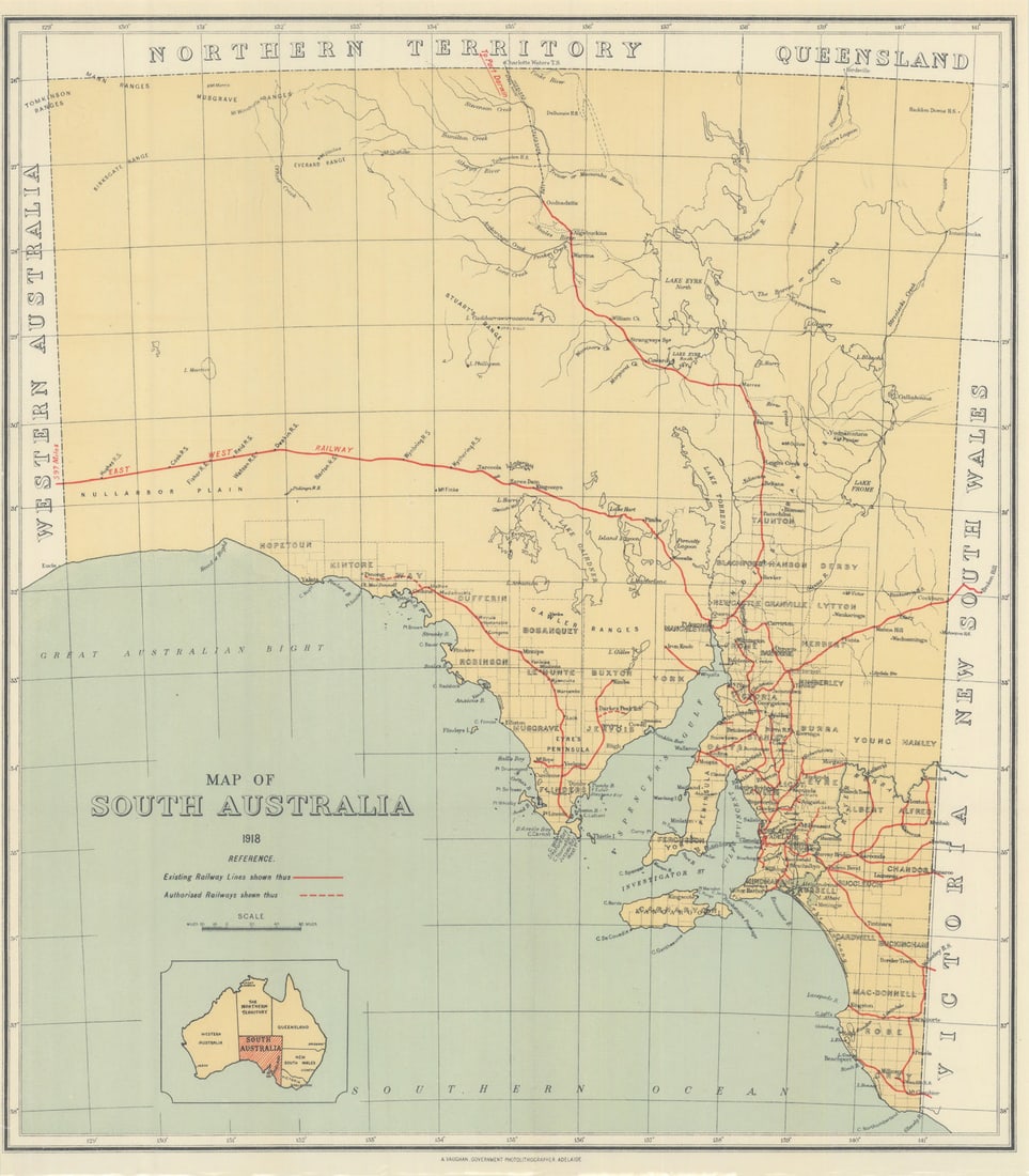 South Australia railways map. A. Vaughan, Government Photolithographer 1919 (1 of 1)