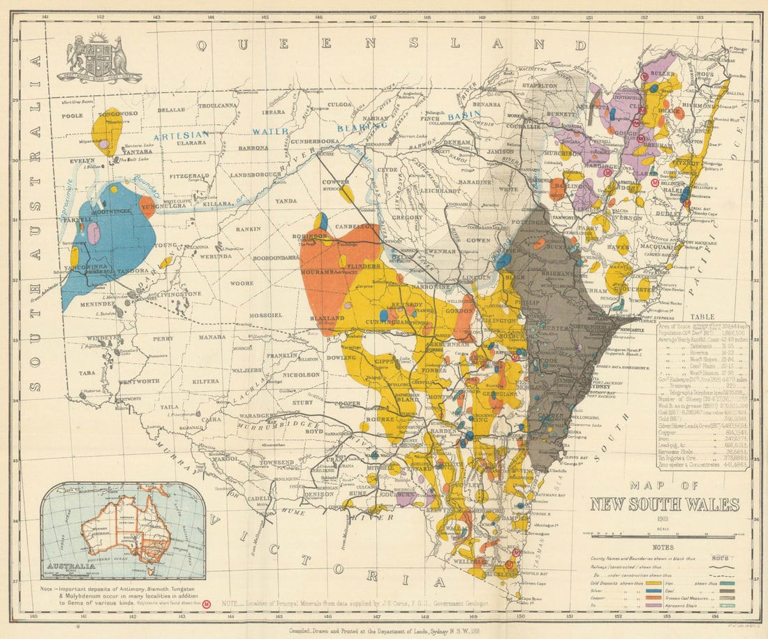 New South Wales resources map. Gold Silver Copper Tin Iron Coal Shale 1919: Title: New South Wales resources map. Gold Silver Copper Tin Iron Coal Shale 1919 Description: Map of New South Wales 1918'. Department of Lands, Sydney NSW. Published 1918 (1919). Antique colour map.