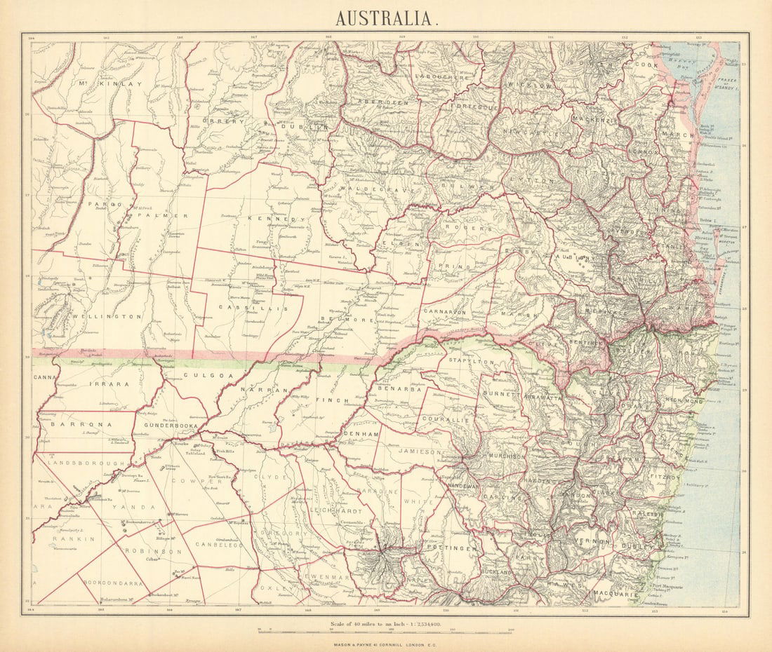 NEW SOUTH WALES & QUEENSLAND. Brisbane Sunshine/Gold Coast. LETTS 1892 map (1 of 1)