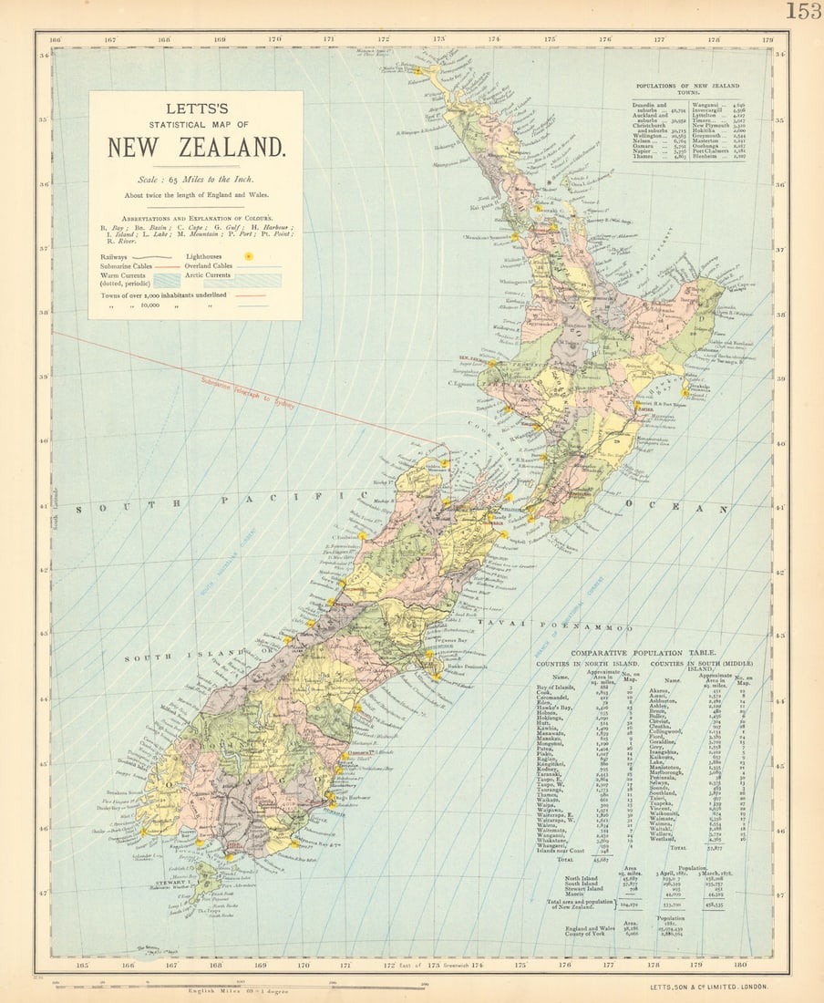 NEW ZEALAND Lighthouses railways telegraph cables ocean currents. LETTS 1892 map (1 of 1)