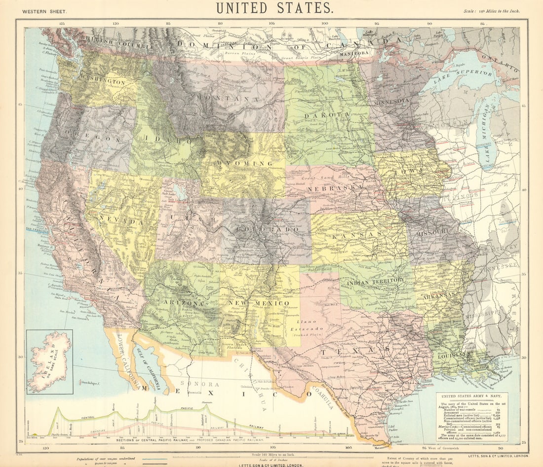 WESTERN USA. Central & Canadian Pacific Railroad section. LETTS 1892 old map (1 of 1)